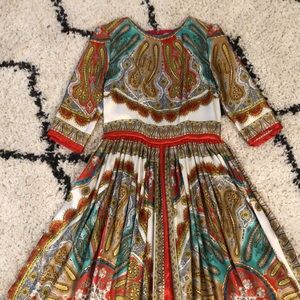 Silky satin Multicolor 3/4 sleeve midi full skirt Dress XS dolce gabbana style